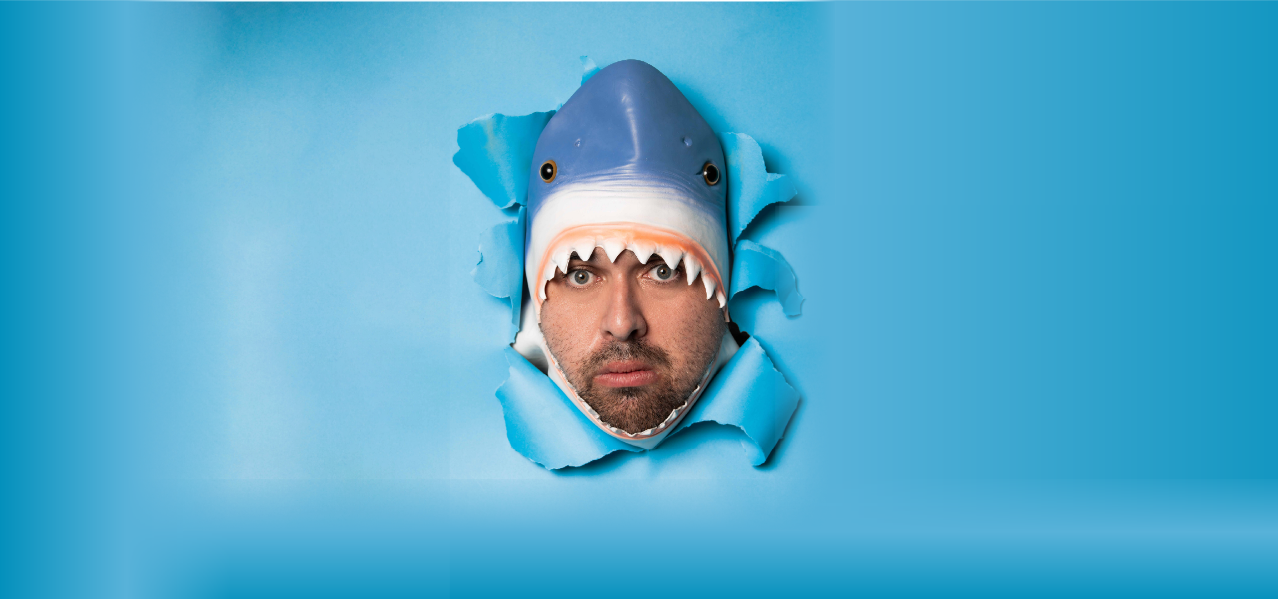Alfie Murphys' promotional image. We see Cian's face, in a shark costume, bursting out of a blue paper backdrop
